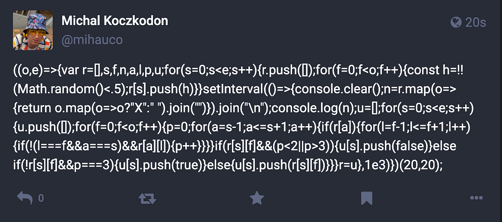 Screenshot of mastodon post containing minimized Game of Life code