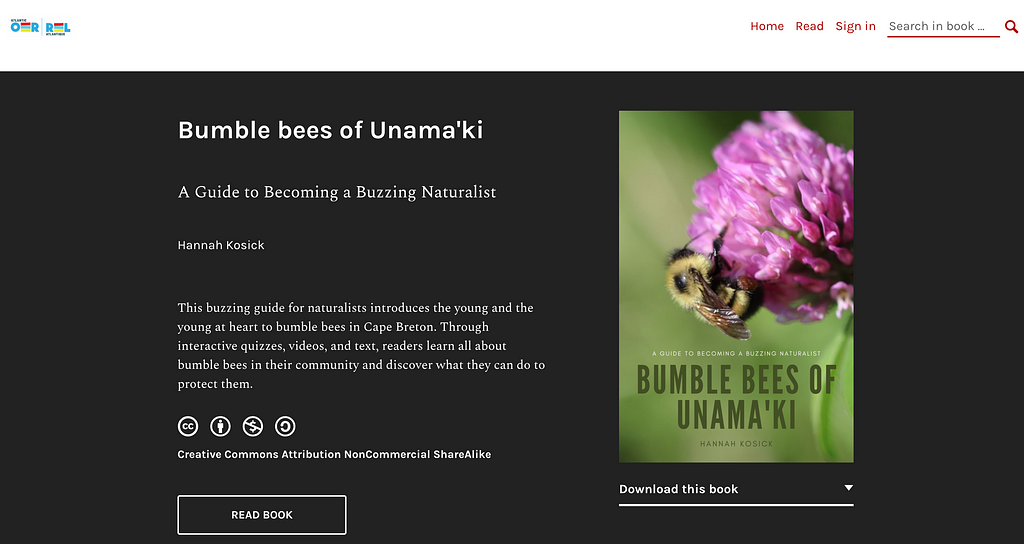 Screenshot of the Book Info page from the webbook Bumble bees of Unama’ki