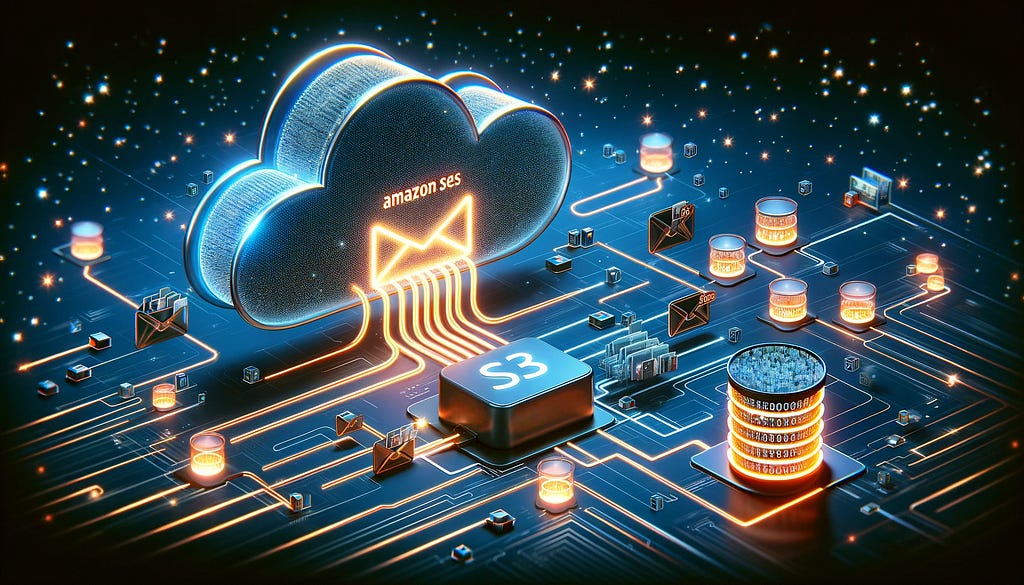 The illustration generated by ChatGPT that visually represents the concept of Amazon SES receiving emails from the internet and saving them in an S3 bucket.