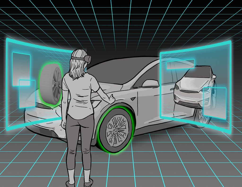 A woman with a VR headset views an augmented reality scene with a Tesla car. She has virtual panels in front of her where she can change the appearance of the car with gestures.