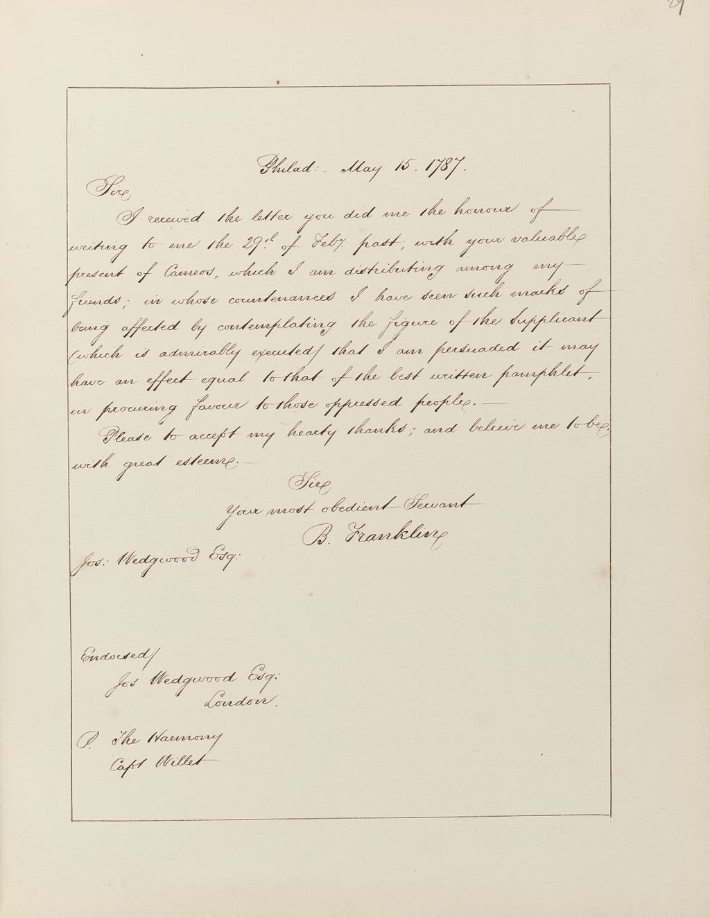 A handwritten letter signed by Benjamin Franklin