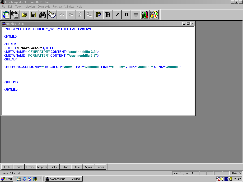 Screen shot o Arachnophilia app with initial HTML