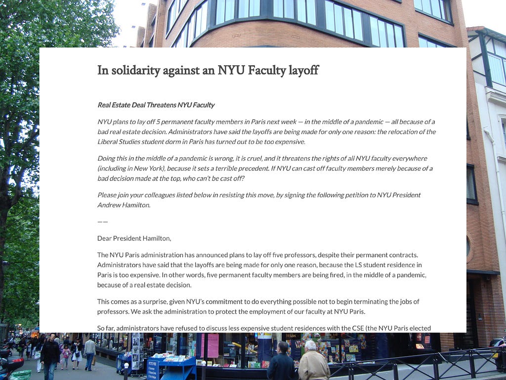 A screenshot of the “solidarity against NYU faculty layoff” placed over a NYU Paris building.