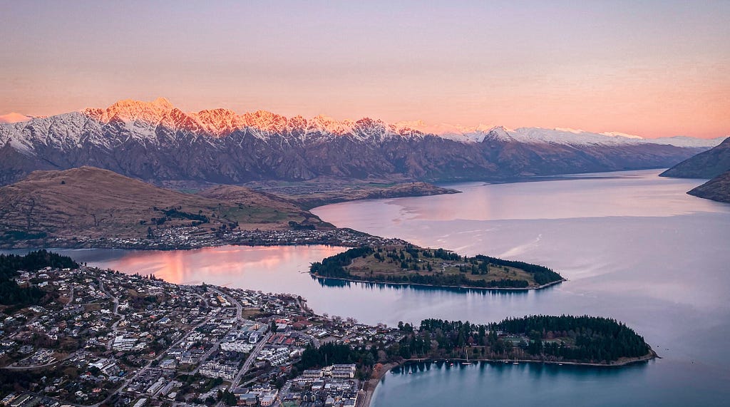 Aerial view of Queenstown, New Zealand, at sunset