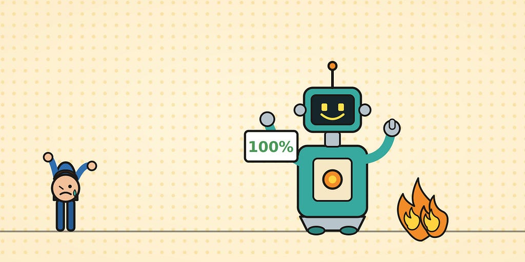 A beaming teal robot holds a sign reading “100%” and gives a big thumbs-up, its screen grinning, while a fire burns beside it that it hasn’t noticed. To the left, a man winces with a nervous sweat drop.