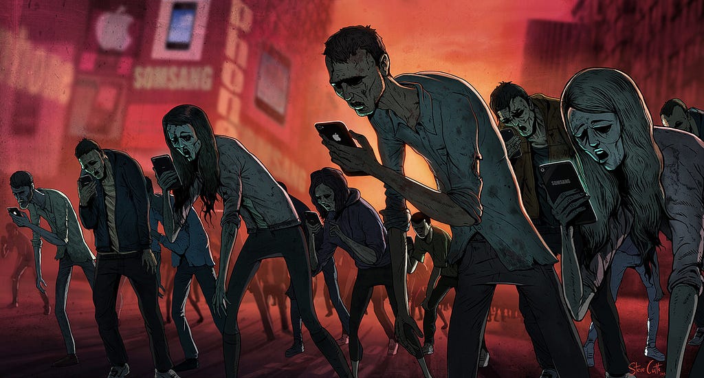 People as zombies shuffling through city streets looking at their phones