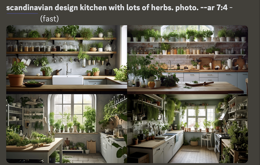 Midjourney screenshot, with 4 beautiful photos of kitchens with green herbs in shelves and on the table tops.