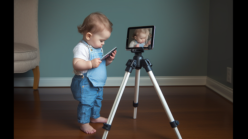 A toddler playing with a smartphone while standing next to a tripod with an iPad