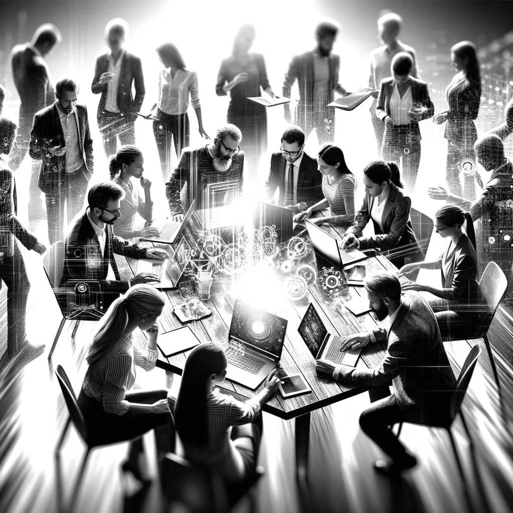 Black and white image showing a diverse group of tech professionals collaboratively working around a table with laptops and tech gadgets, in a modern office setting, symbolizing teamwork, leadership, and innovation in technology.