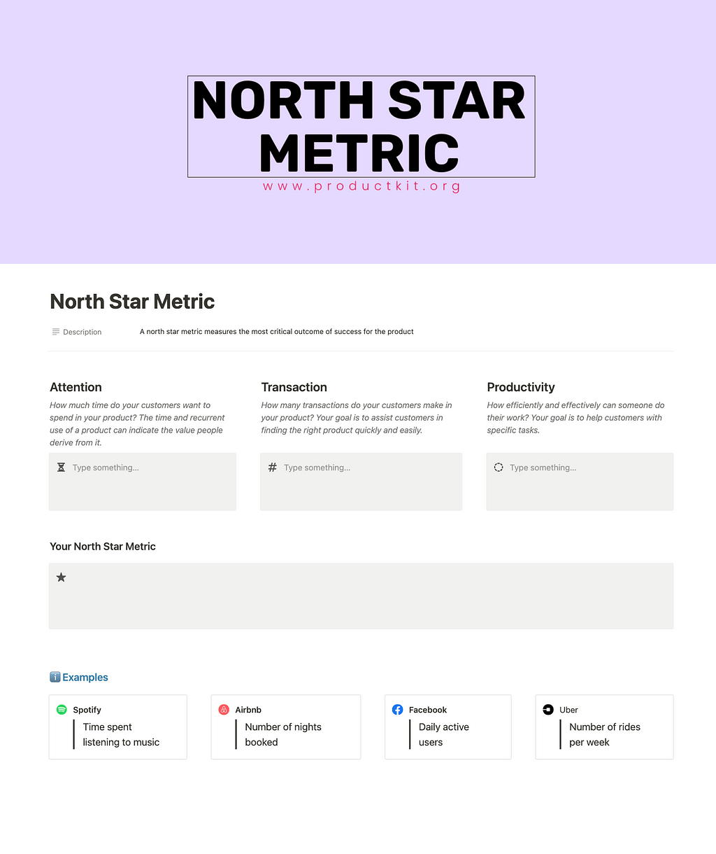 Image of a North Star Metric Notion Tempalate which measures the most critical outcome of success for the product.