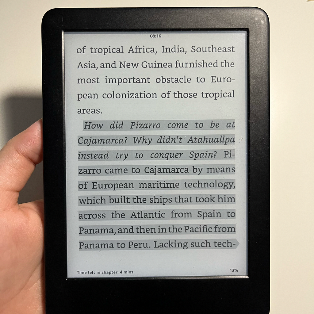 A Kindle showing a page from Jared Diamond’s Guns, Germs, and Steel