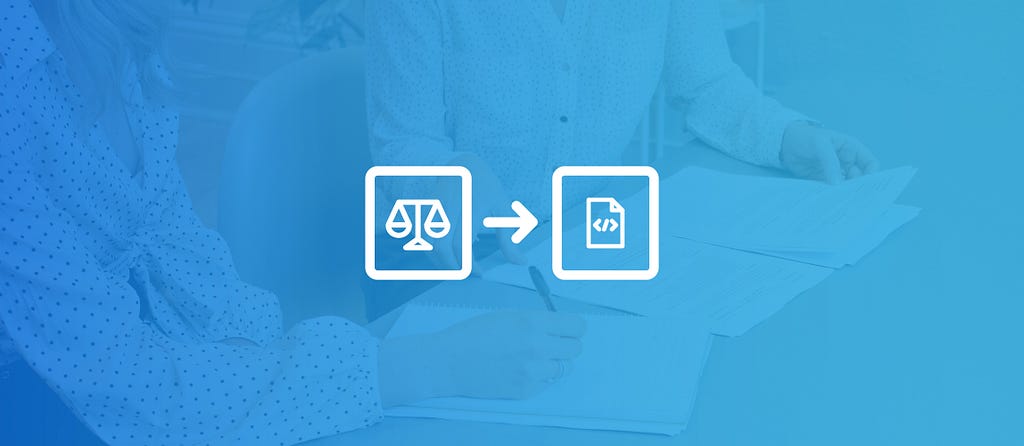 Two legal professionals working on a document. Two icons overlay it with — the scales of justice, and a code document.