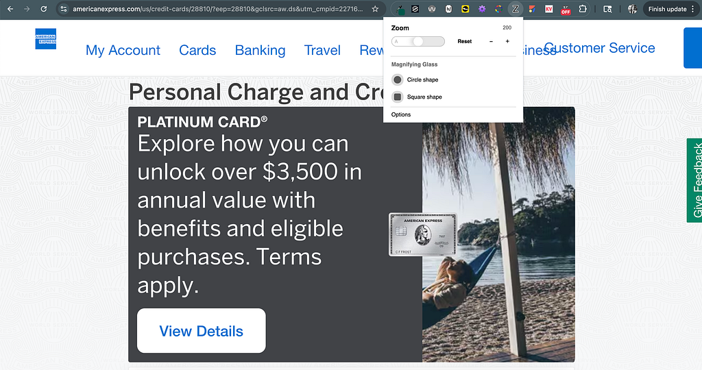 Zoom for Chrome enlarging text-only by 200% on AmEx’s home page