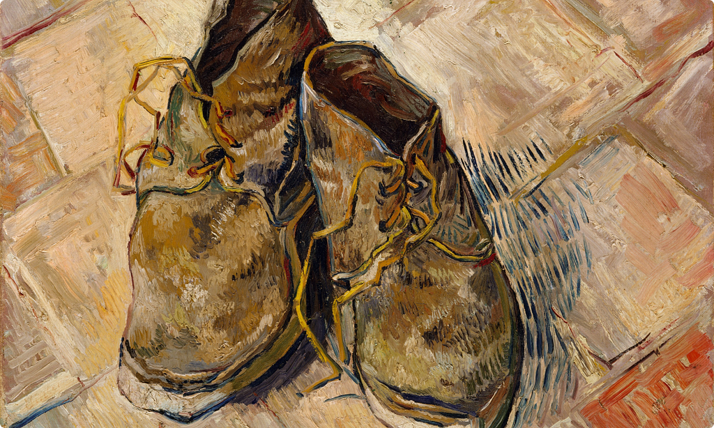 An oil painting of a worn, scuffed pair of brown leather boots on a reddish tiled floor, built from thick, visible brushstrokes.