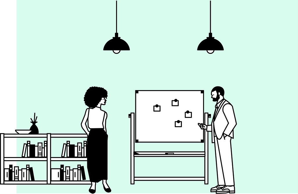 Two people standing in an office looking at a whiteboard with sticky notes on it.