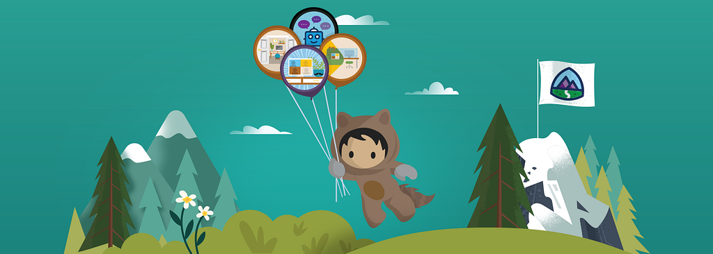 Trailhead character Astro floating with badge themed balloons over a forest landscape.