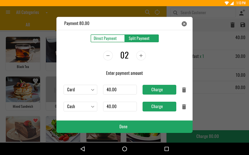 Android POS for restaurant with split payment