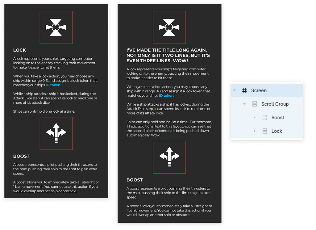 Two images side by side. The second shows that additional information has been added to the screen, but the layout remains.