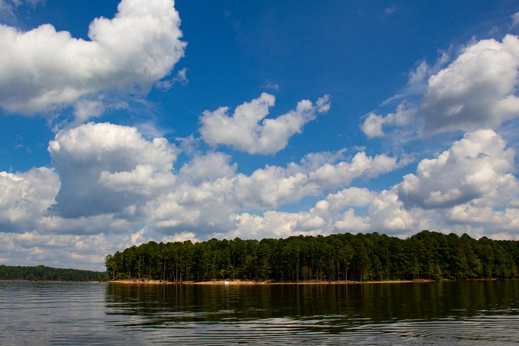 A lake-view horizon of the banks of Jordan Lake, with blue skies and more of those large, white clouds across the sky.