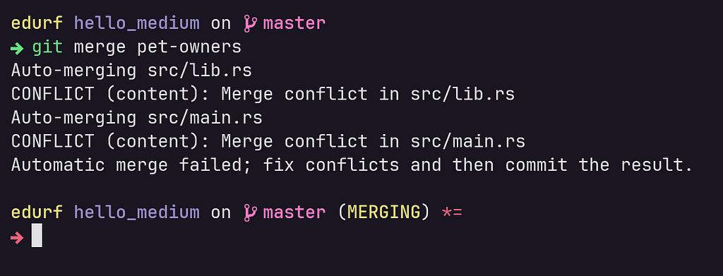 git merge pet-owners: it resulted in conflicts on both files.