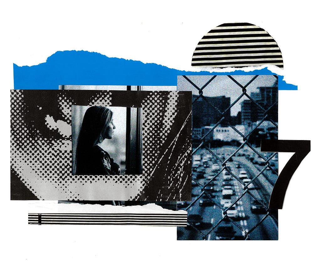 A collage of black, white, and blue images and patterns, including the number 7, a highway, and a woman looking out a window.