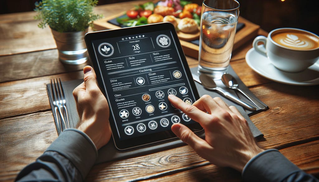 A person using a tablet to view an AI-powered restaurant menu with allergen filters.