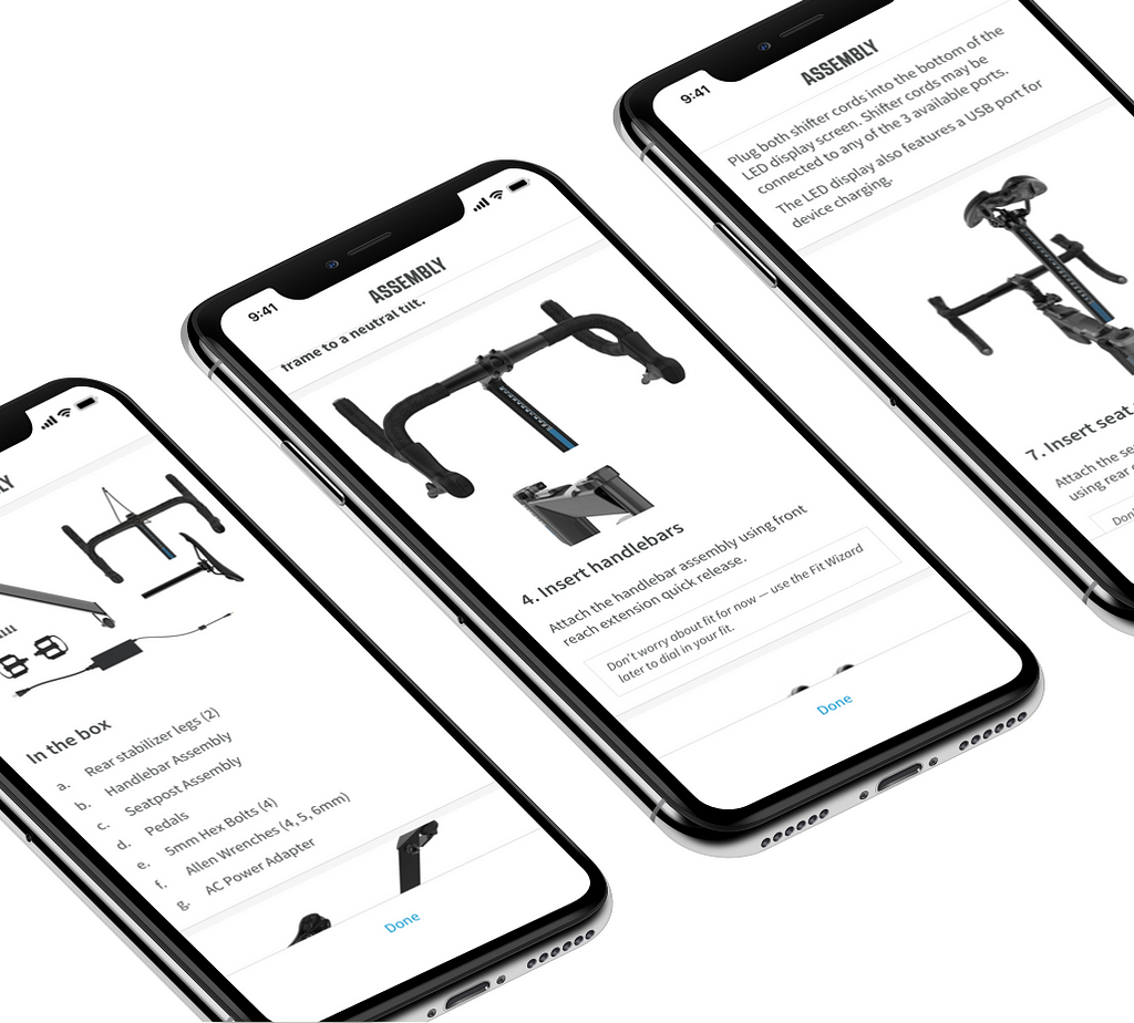 Three iPhones showing text and video steps of the assembly process.