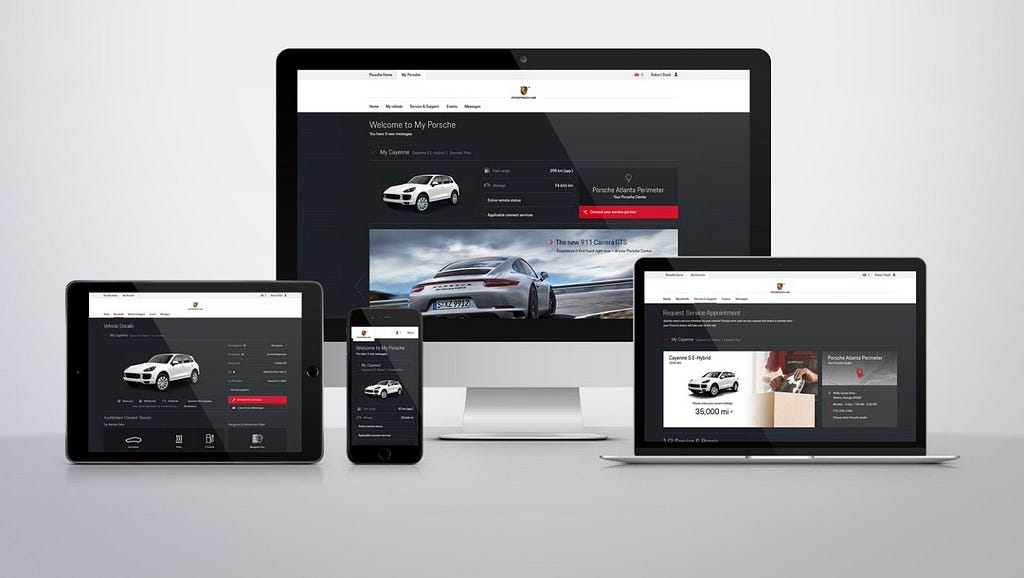 My Porsche page on different devices (Laptop, tablet, phone)