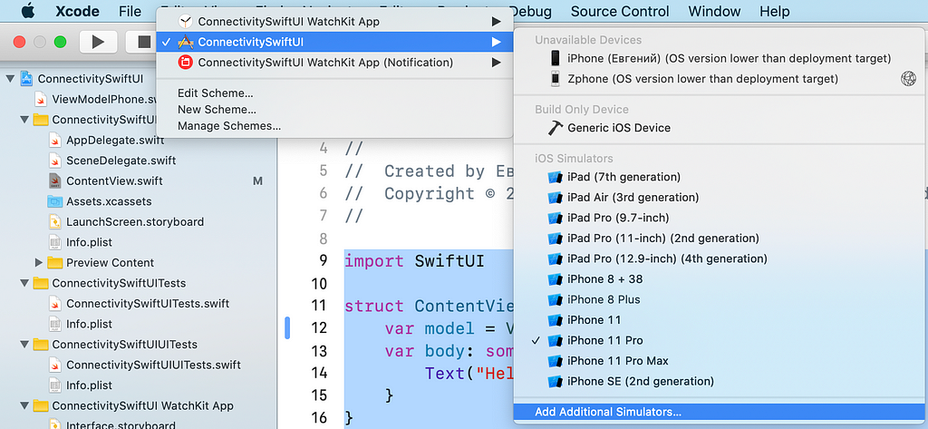 A dialogue window showing the user navigating first to ConnectivitySwiftUI, then choosing “Add Additional Simulators…” from