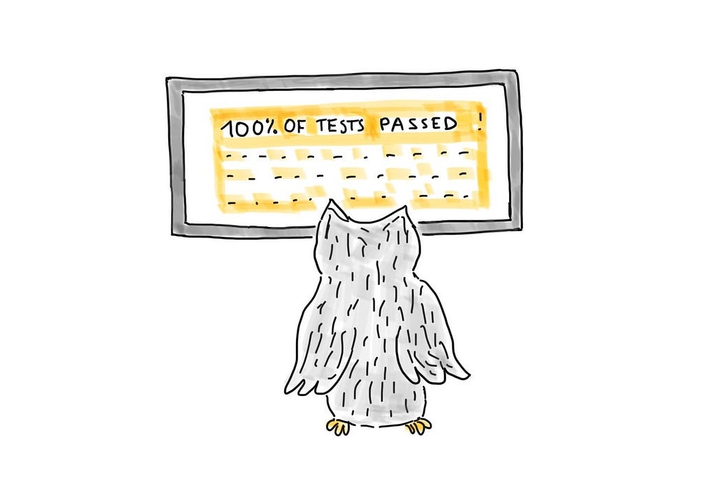 A funny owl is looking at the screen that displays: “100% of tests passed!”