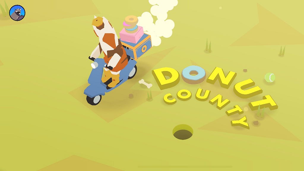 A bird on a motor scooter looking at a small hole in the ground. The words “Donut County” arc across the image.