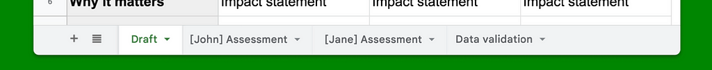 Spreadsheet with new tabs per interviewee