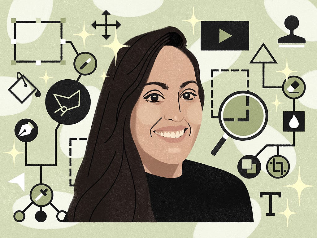 A digital illustration of an olive-skinned woman with long dark hair, with one side swept behind her left ear, wearing a black crew neck top. The background is light green and decorated with tool icons from Adobe Illustrator and Adobe Photoshop: Free Transform, Stamp, Paint Bucket, Text, Eyedropper, Pen Tool Eraser. and Lasso