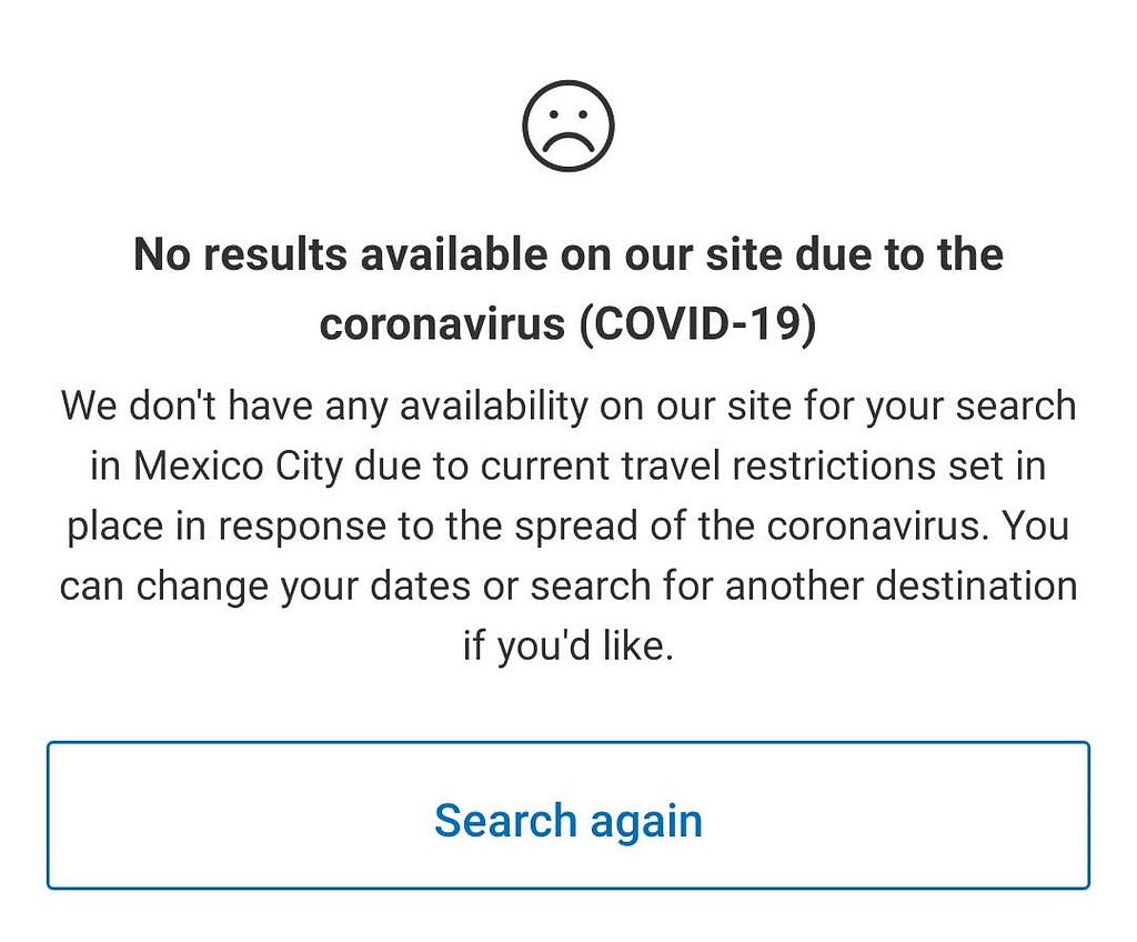 Message on the booking.com app stating there are no hotels available in the whole of mexico city