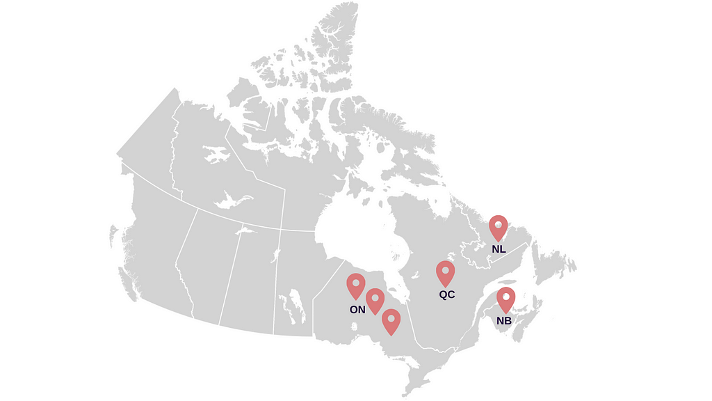 Une carte du Canada indiquant la répartition des participants aux tests d’utilisabilité par province.