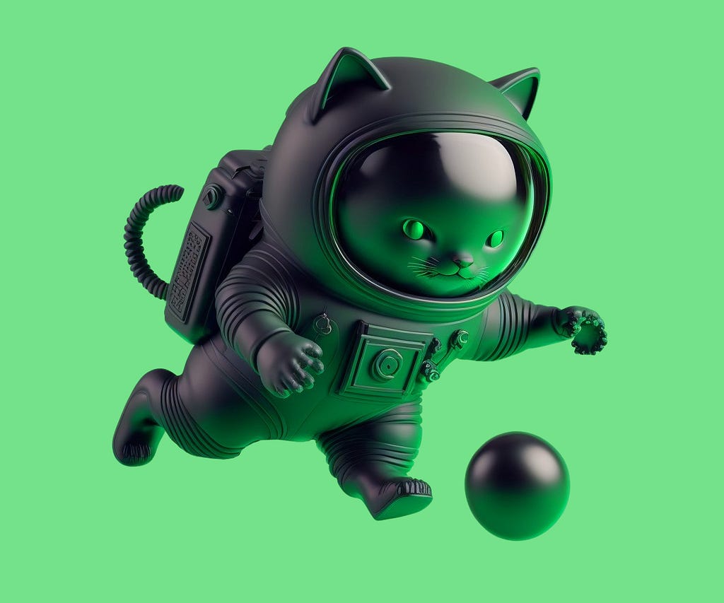 A 3d black cat in black spacesuit chasing a black ball against a uniform green background