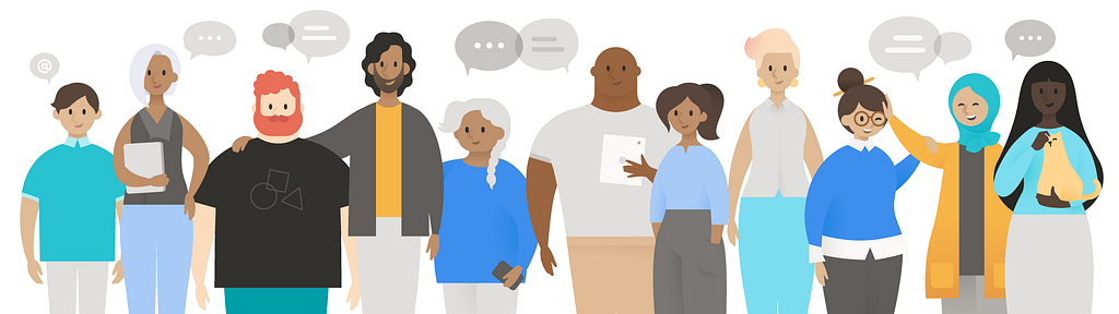 An illustration of of varying ages, genders, ethnicities, dress, and body types standing face forward.
