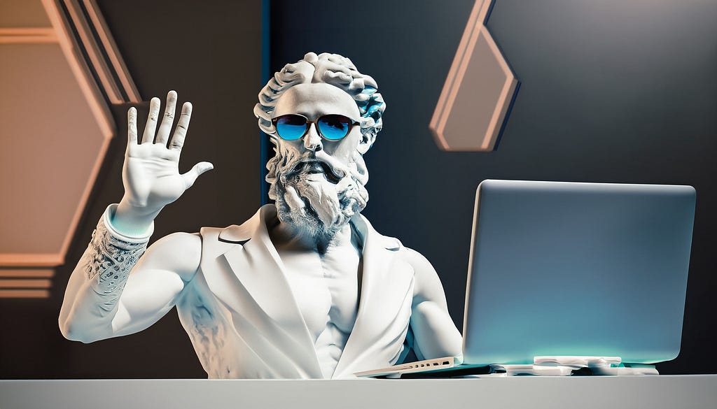 An antique statue showing its open palm, sitting in front of laptop, generated by AI