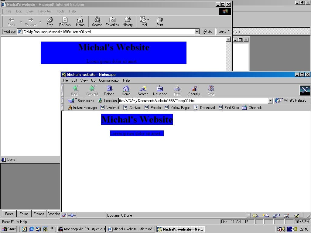 Screenshot of Windows 98 with Internet Explorer and Netscape Navigator opened — shows problem with Netscape Navigator background rendering.