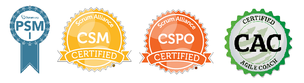 Selos das certificações PSM, CSM, CSPO e CAC.