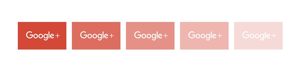 5 copies of the Google+ logo, from left to right, losing 20% opacity at each position