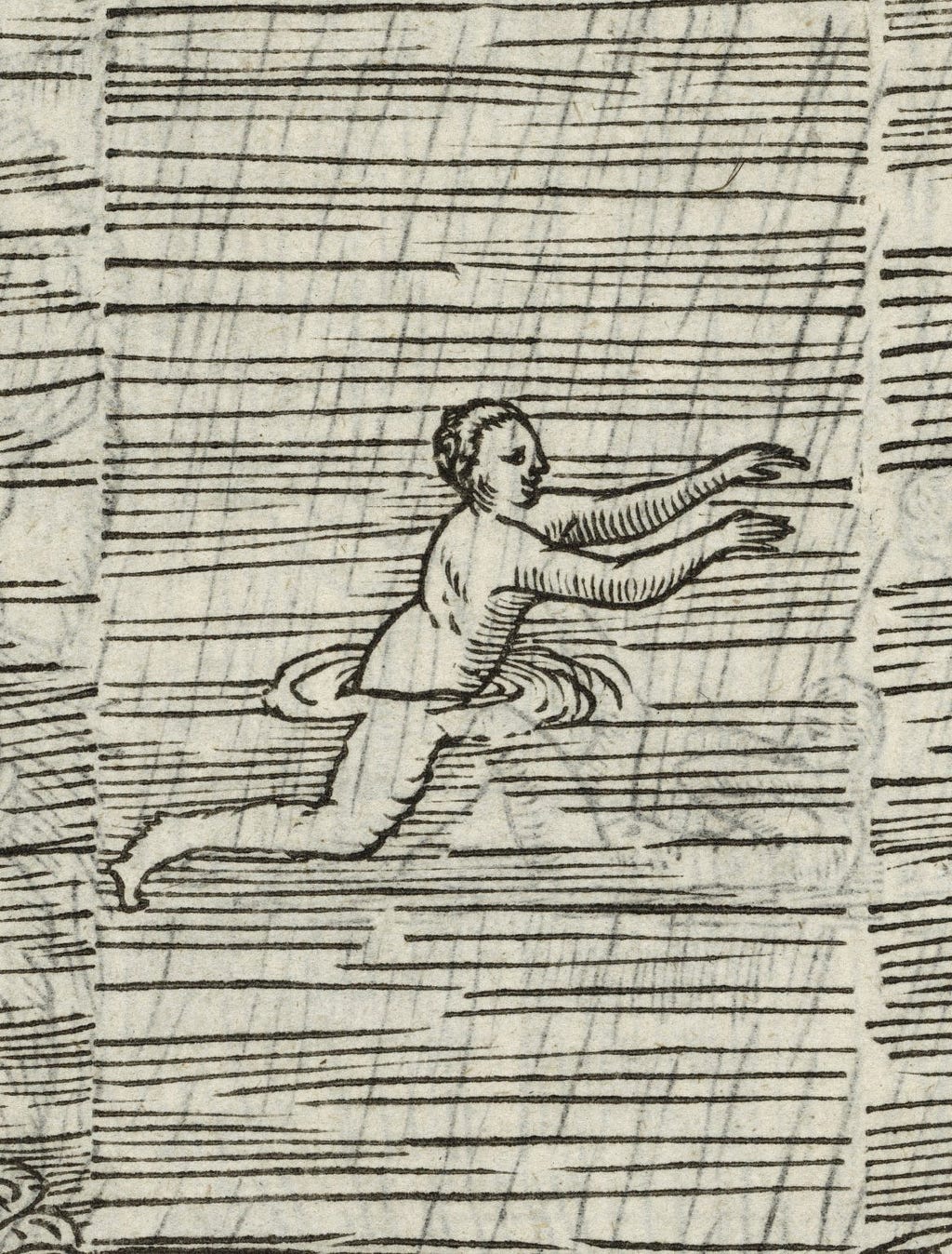 Closeup of a woodcut depicting nude man swimming in the river.