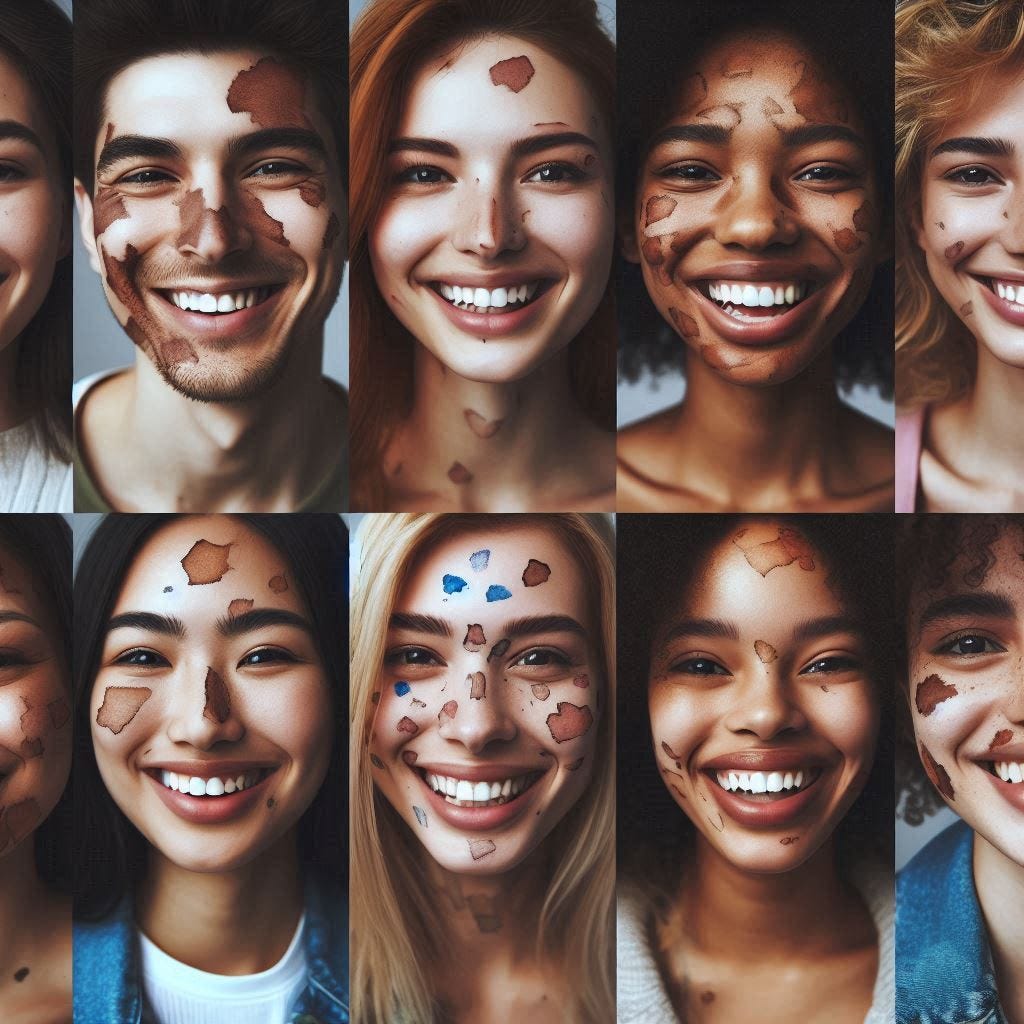 A diverse group of people smiling, each showcasing unique imperfections that highlight their individuality and beauty.