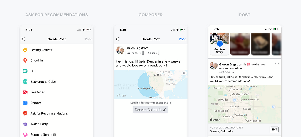 Mobile Facebook app screenshots: creating a recommendation post type