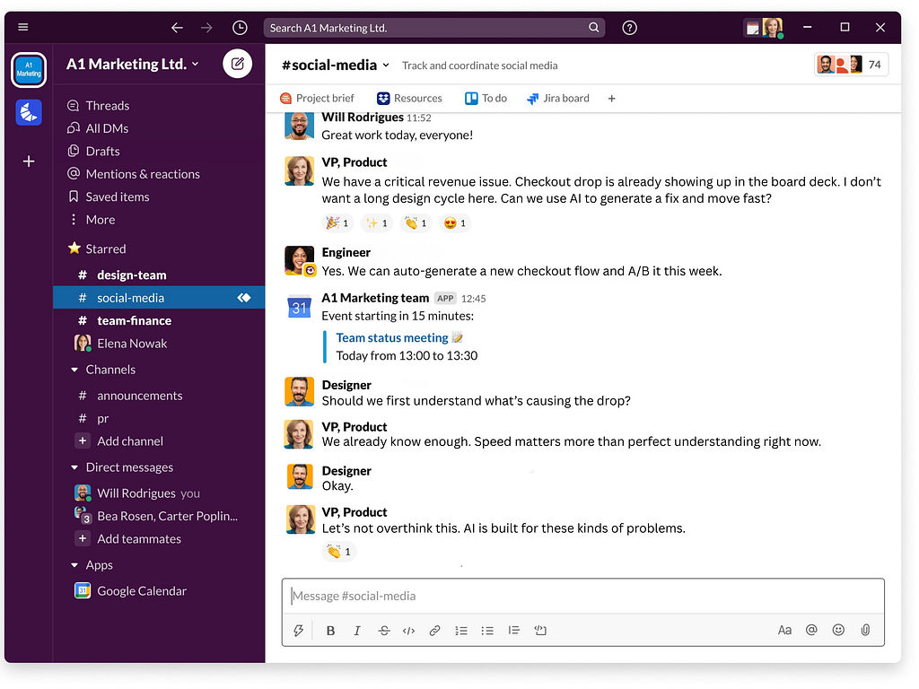 Illustration of a fictional team chat where a product leader pushes for an AI-generated solution to a business problem before design investigation.