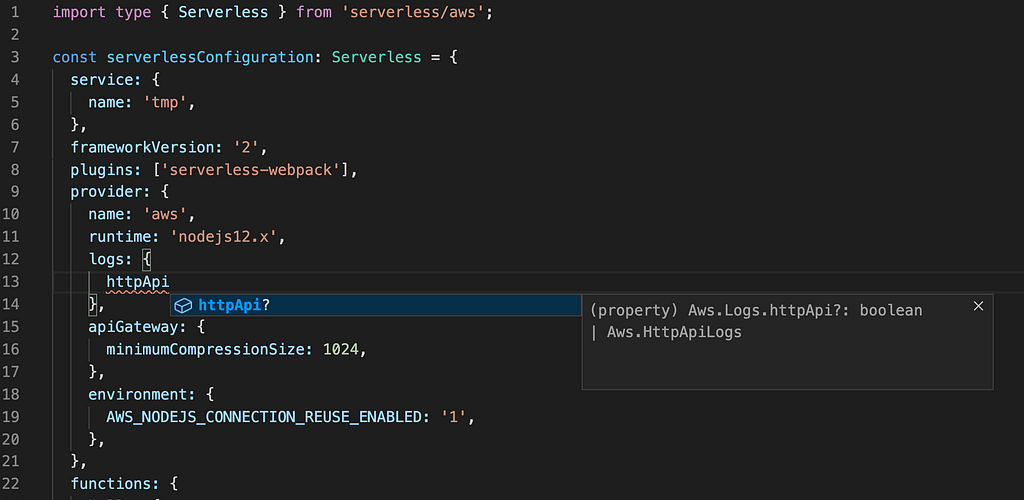 Screenshot from VSCode showing type hinting for Serverless configuration file