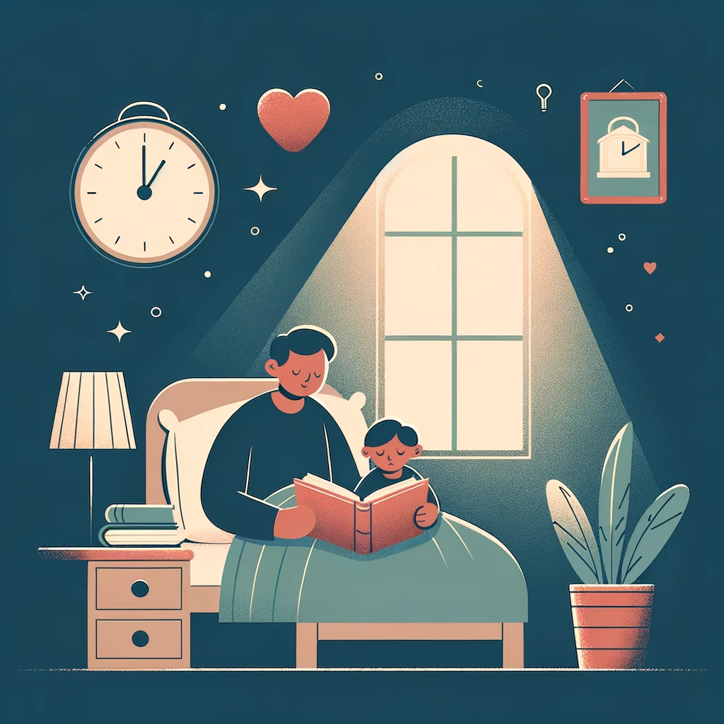 Cozy bedroom scene with a parent reading a story to their child, emphasizing the importance of consistency and bonding in a bedtime routine