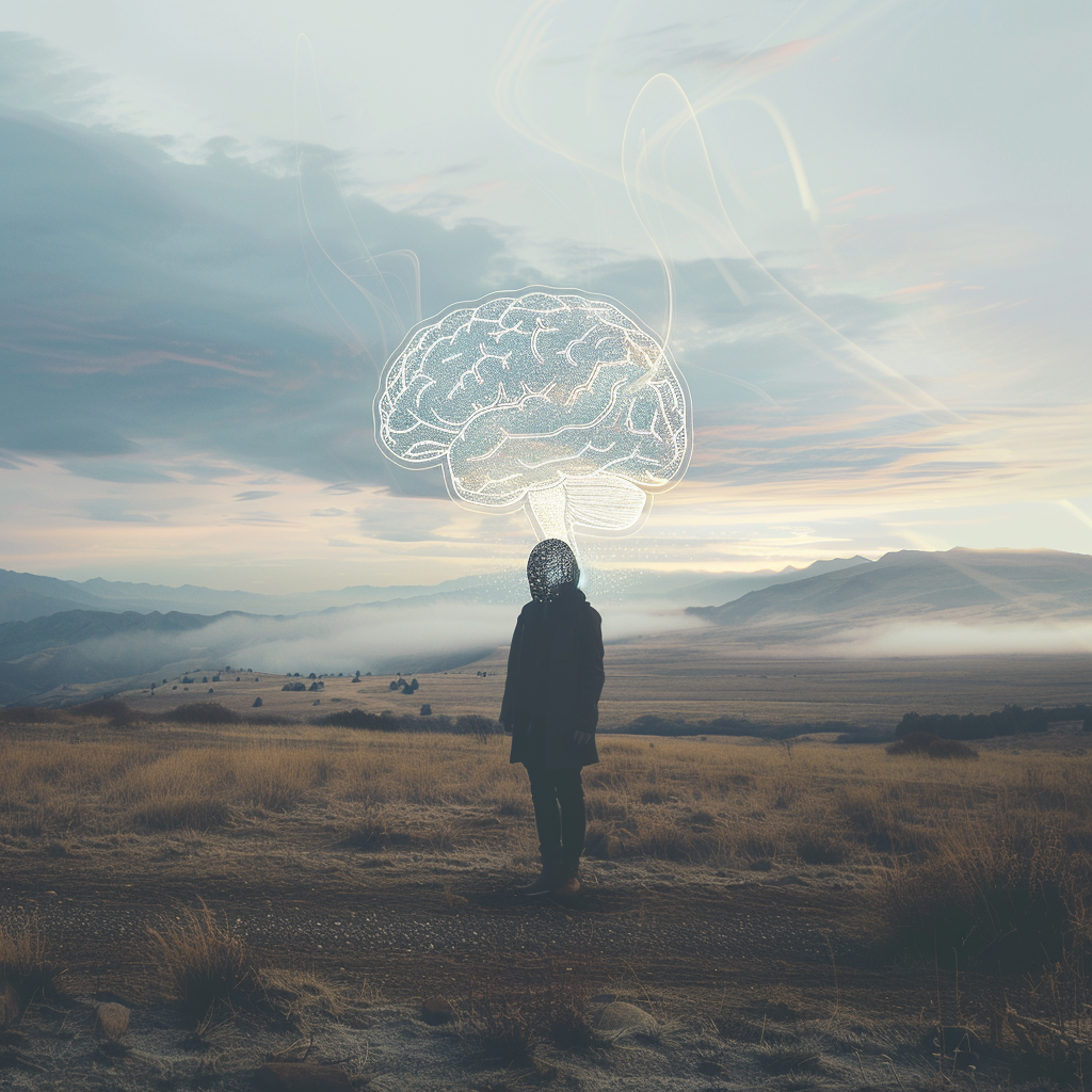 An AI imagined person seen in silouette standing in a field looking across a dry brush plain to mountains peaking above clouds in the distance. A brain outline hovers over the figure’s headconnecting to their head, indicating that the scene they are seeing is not really in the world, but in their subjective view which they composite from what they know about their environment and reconstruct it into a feeling of where they are.