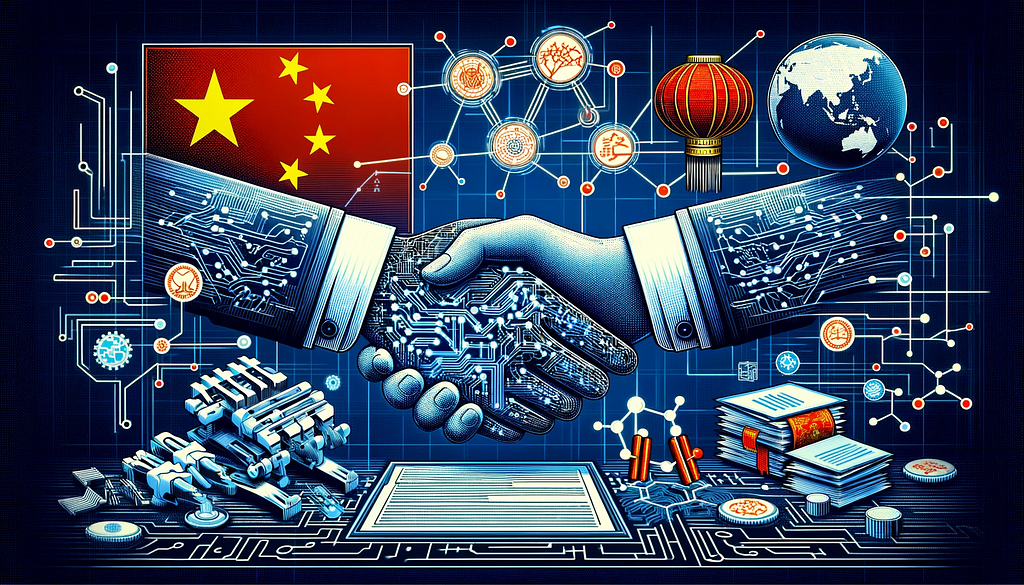 A conceptual image featuring the Chinese flag, AI technology symbols like circuits and robots, and legal symbols like a gavel and scales of justice, illustrating the integration of AI technology within China’s legal system.