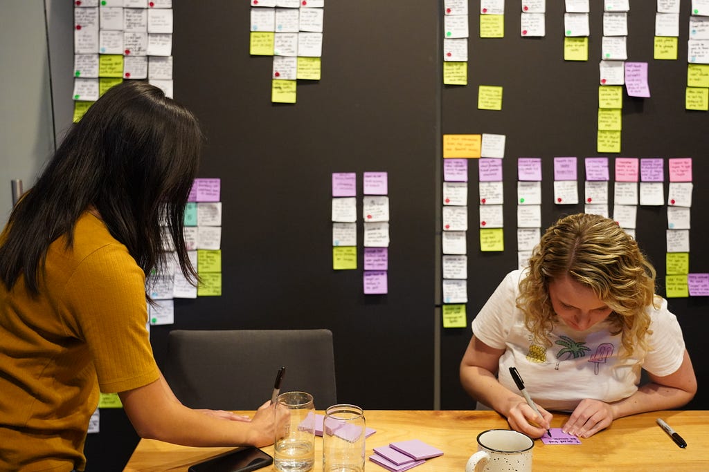 A photo of two women synthesizing a wall of stickies notes in person.